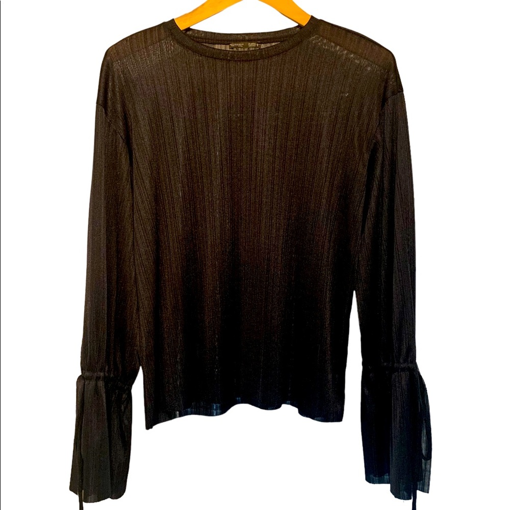 Zara Sheer Long Tie Sleeve Top Dark Midnight Navy